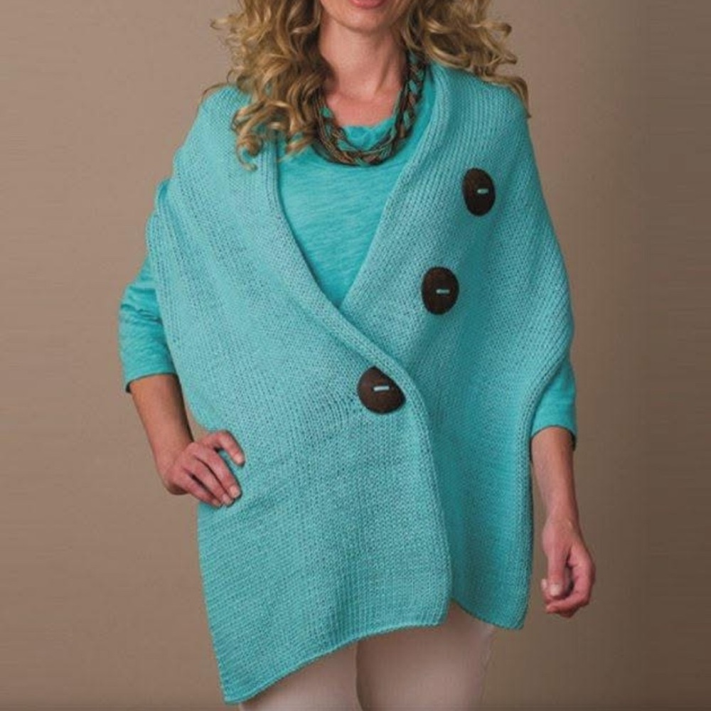 NWT Pure Handknit Womens Aqua Button-Front Knit Sweater Wrap